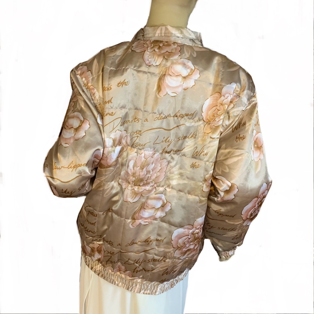VINTAGE OLEG CASSINI FLORAL PRINT CREAM A  PINK BLUSH SATIN BOMBER JACKET (M) - Picture 3 of 13